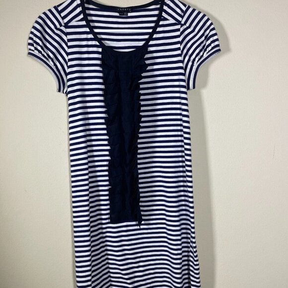 THEORY Striped Ginny Dress T-Shirt Navy Blue White Silk Ruffle Front  P/TP (XS) - Picture 1 of 5